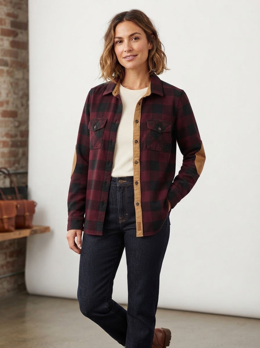Roots Burgundy and Black Plaid Utility Jacket with Tan Suede Trim